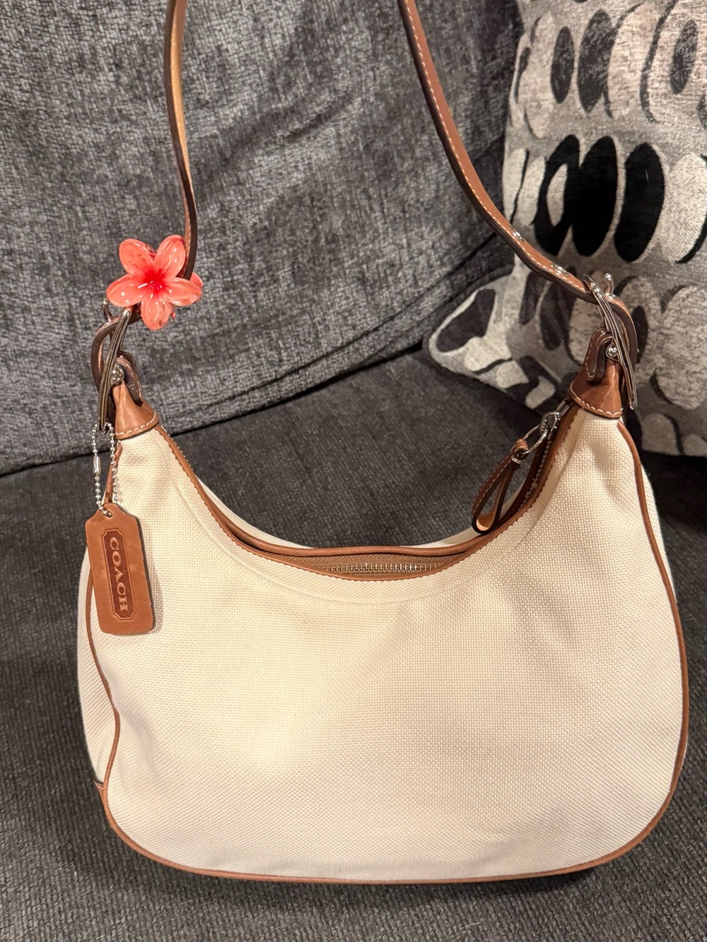Coach Cream Canvas with Brown Leather Trim Hobo